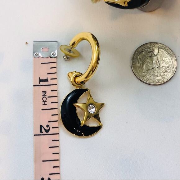 Vintage 80's Earrings Black Half Moon Gold Hoop Dangle Rhinestone Spacecore - Picture 8 of 16